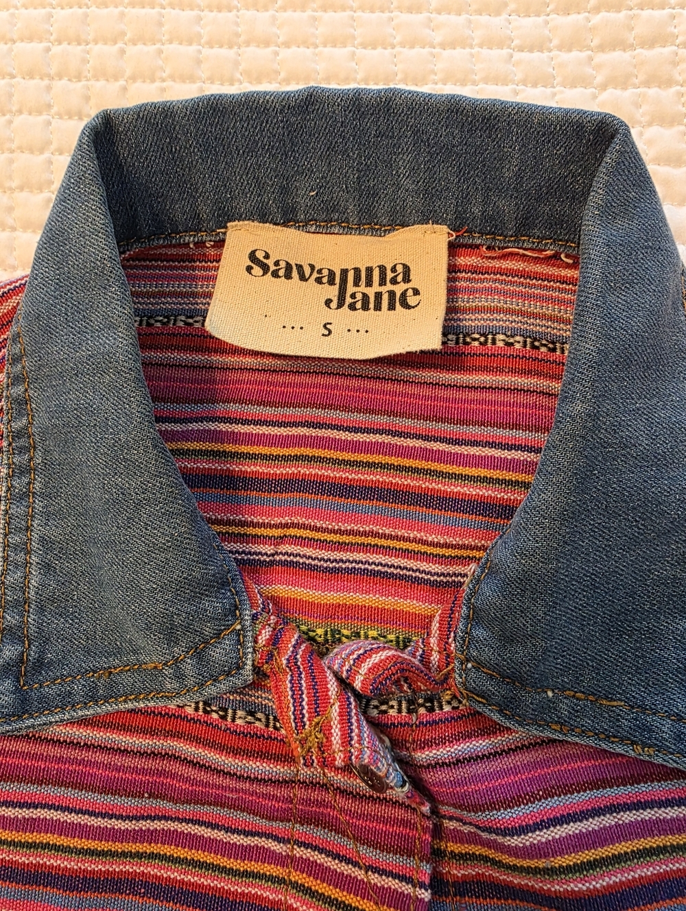 Savanna Jane Denim Western Jacket with Pink & Red Striped Yoke Embroidered Back - Picture 2 of 14